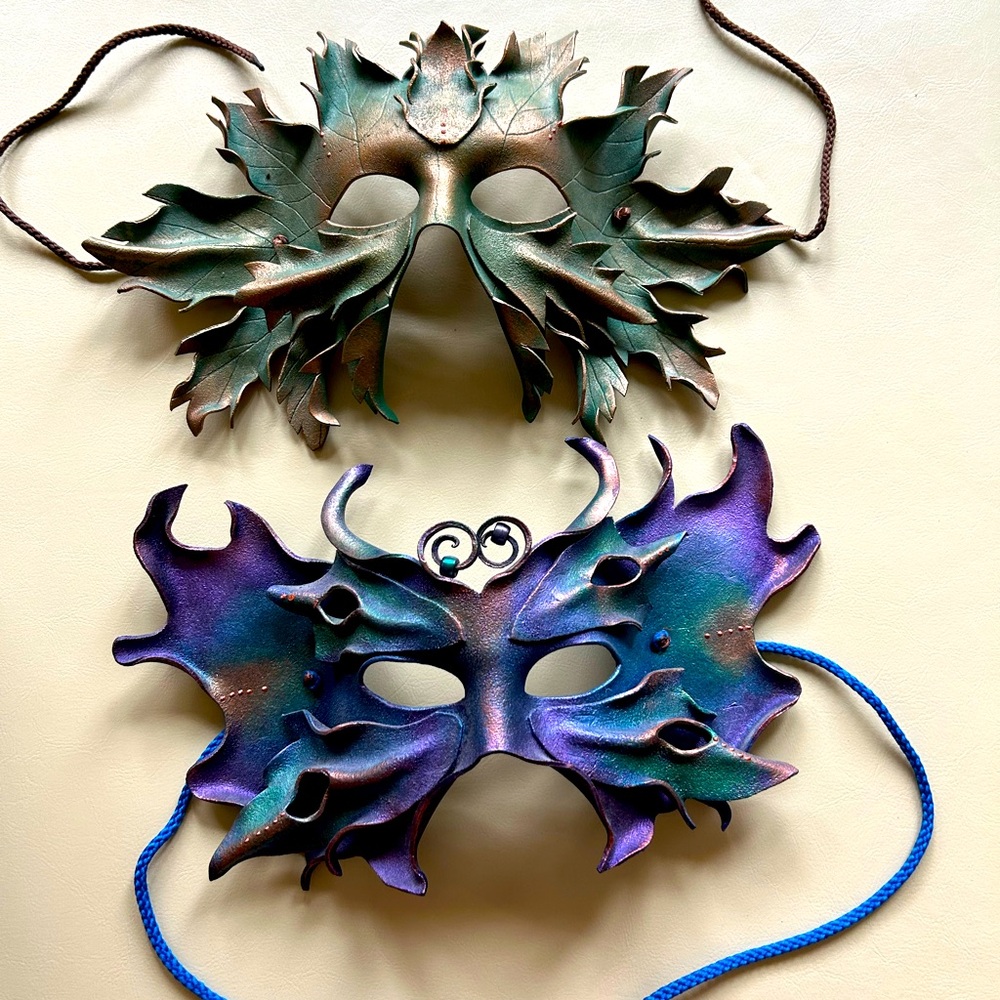 Adult fairy fae and green man leather masks for costumes. Set of two.